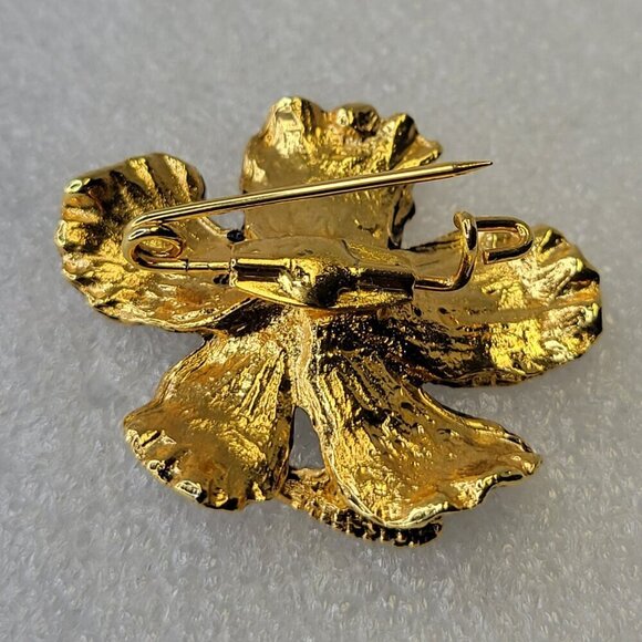 Antique Gold Hibiscus Brooch Medium Size Pin - Picture 3 of 4